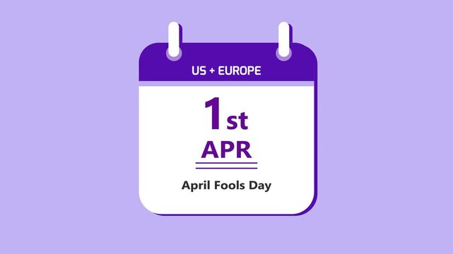 Funny prank calendar interface showing 1st April April Fools Day with clean minimal date layout and humor theme on purple background 4k animation video