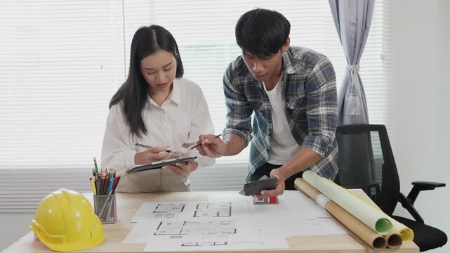 Architects, designers, structural engineers, and their team and colleagues are working on building plans and the design of a real estate construction project.