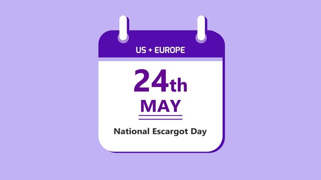 French cuisine calendar interface featuring 24th May National Escargot Day with clean minimal date layout and gourmet food theme on purple background 4k animation video