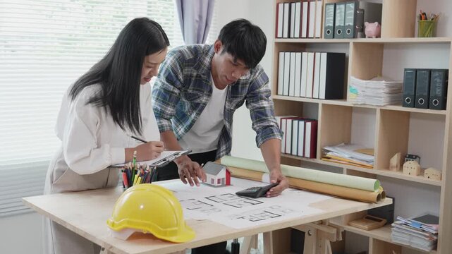 Architects, designers, structural engineers, and their team and colleagues are working on building plans and the design of a real estate construction project.