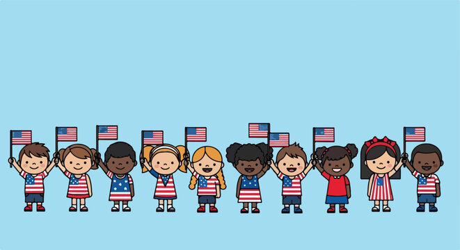 Diverse cartoon children in patriotic outfits hold USA flags on a blue backdrop