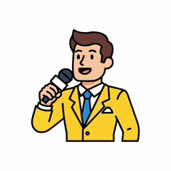 Naklejka premium Man in Yellow Suit Holding Microphone Speaking.