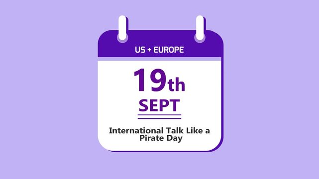 Communication awareness calendar interface showing 19th September International Talk Like a Pirate Day with clean minimal date layout and fun culture theme on purple background 4k animation video