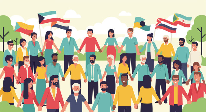 Flat vector of diverse multiracial people holding hands in unity with many flags