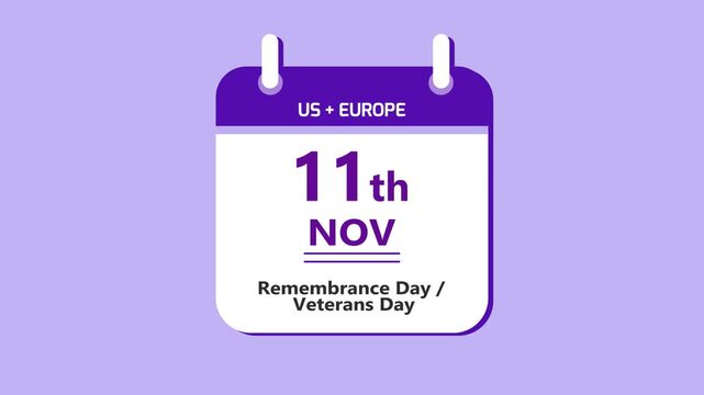 Military remembrance calendar interface featuring 11th November Veterans Day with clean minimal date layout and honor theme on purple background 4k visuals