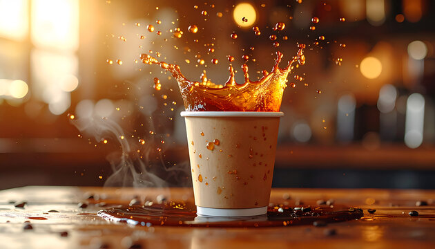 A close-up shot captures a paper cup overflowing with hot coffee, creating a dynamic splash effect surrounded by scattered coffee beans on a wooden surface.