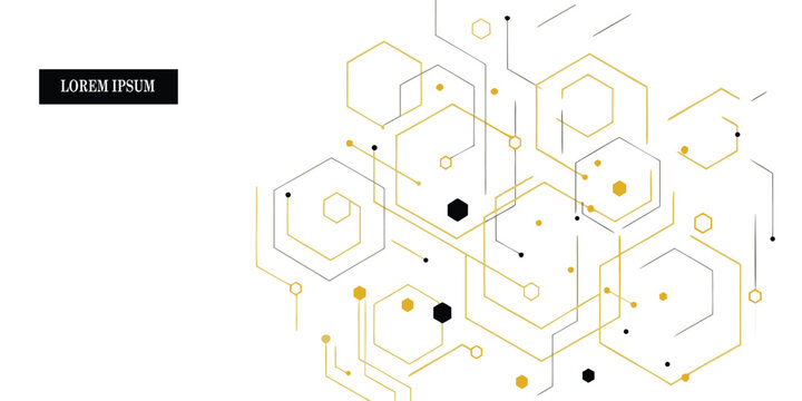 Abstract geometric background with gold and grey hexagonal outlines connected by thin lines and small dots on a white backdrop with a black text box containing the placeholder text l o r e m i p s u m