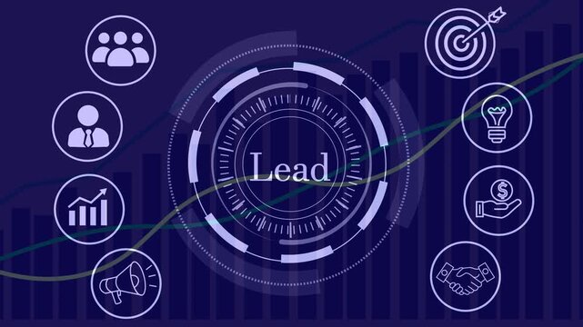 Lead generation word with business icons, line graph, and bar charts on dark blue background in a 4K motion graphic video