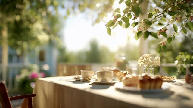 Spring Summer outdoor leisure relaxation activity. A vivid outdoor scene captured during the golden hour, bathed in the soft glow of the setting sun. A table is set with a white tablecloth.