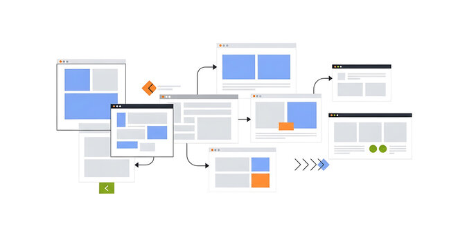 Wireframes and mockups for website design and development process flow
