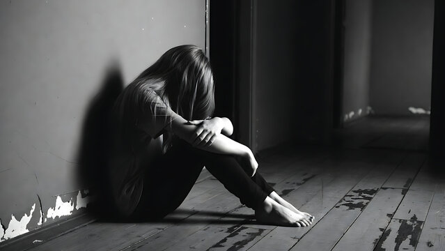 Sad lonely woman sitting on wooden floor hugging knees in dark empty room black and white depression mental health concept