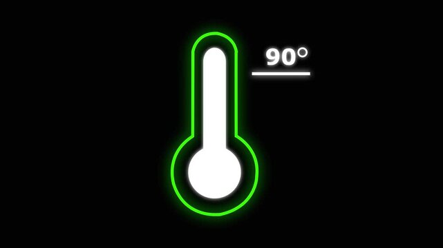 Thermometer animation. neon Celsius thermometer displayed temperature 90 degree. Thermometer equipment showing hot or cold weather. 4k video