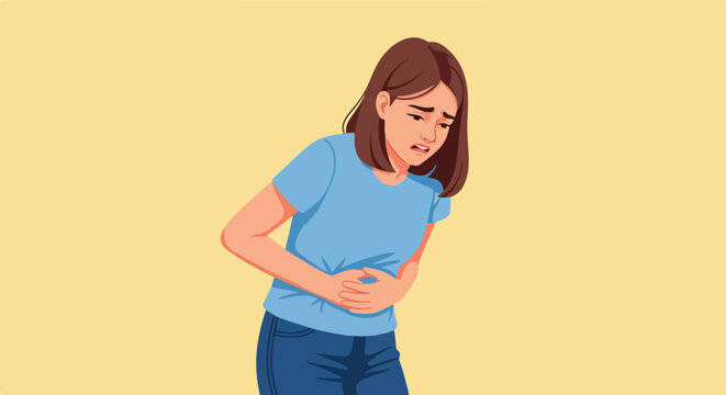 Illustration of a young woman in a blue shirt clutching her stomach in pain