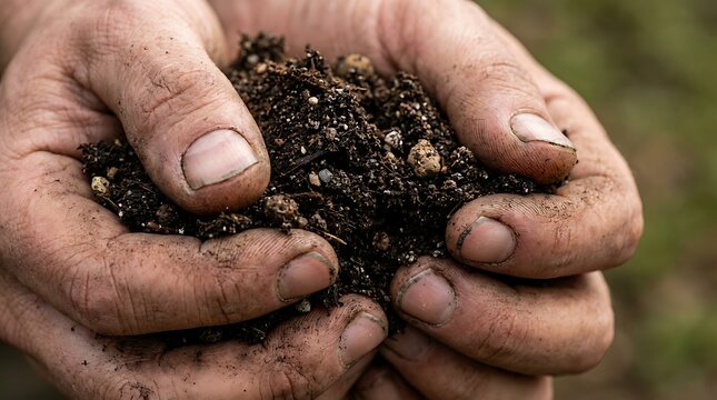 Farmer hands holding rich dark soil full of nutrients for planting healthy organic vegetables