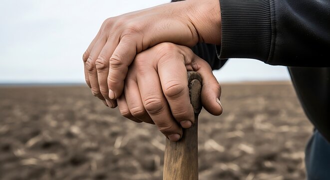 Farmer's hands rest on shovel handle symbolizing hard work and connection to fertile soil