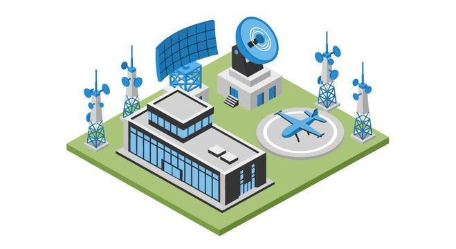 Modern Isometric Military Communication Center Vector with Radar Towers, Satellite Dish Station, and Drone Landing Pad.