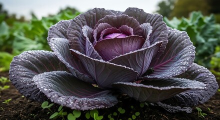 Obraz premium Vibrant Purple Cabbage Growing in a Garden.