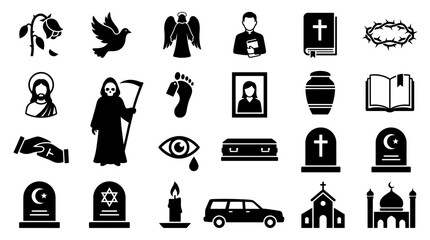 Fototapeta premium Funeral and cemetery silhouette icons featuring religious symbols, pastor, coffins, gravestones and mourning elements, concept for funeral planning, obituary design and religious memorial service