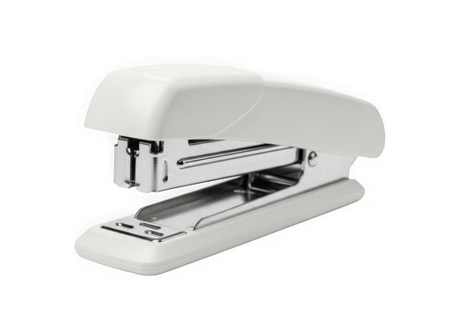 A white stapler with a metal staple holder isolated on transparent background