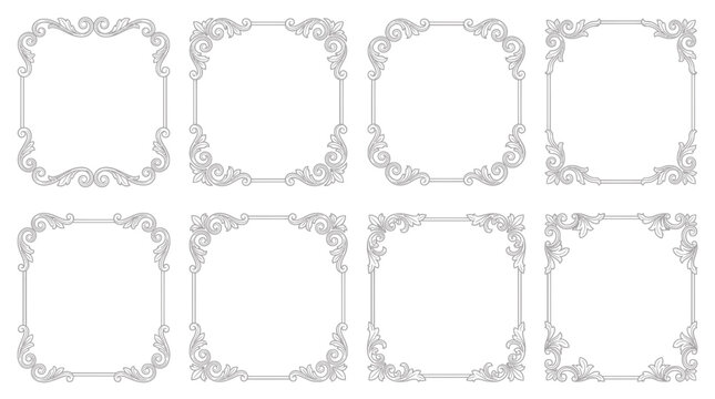 Set of eight decorative vintage ornamental frames with baroque scrollwork and floral elements on white background, concept for wedding invitations, luxury certificates and classic brand identity