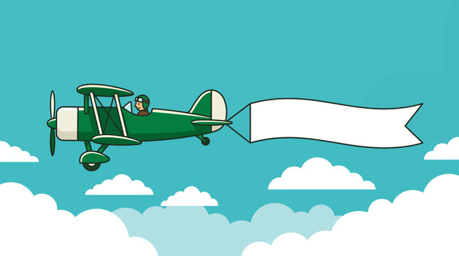 Illustration of a marketing manager piloting a green vintage biplane with a long blank white banner in a cloudy sky, concept for brand identity, business promotion and advertising