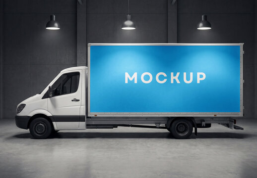 Indoor Cargo Delivery Truck Mockup with Blue Advertising Panel and Realistic Studio Lighting