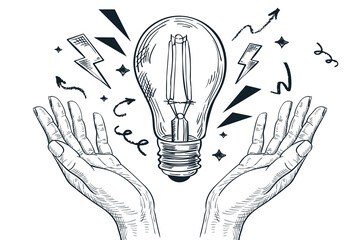Hands holding light bulb. Successful idea, inspiration and business startup concept. Vector sketch illustrationHands holding light bulb. Successful idea, inspiration and business startup concept. Vect