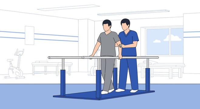 Physical therapist assisting patient walking on parallel bars for rehabilitation in a clinic