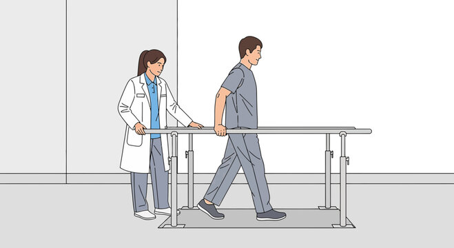 Physical therapist assisting patient walking on parallel bars for rehabilitation