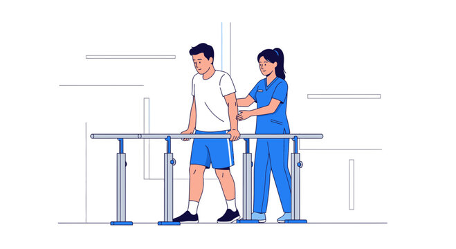 Physical therapist assisting patient walking with parallel bars in rehabilitation center