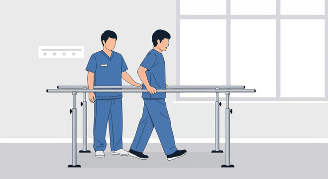 Physical therapist assisting patient walking with parallel bars for rehabilitation and recovery