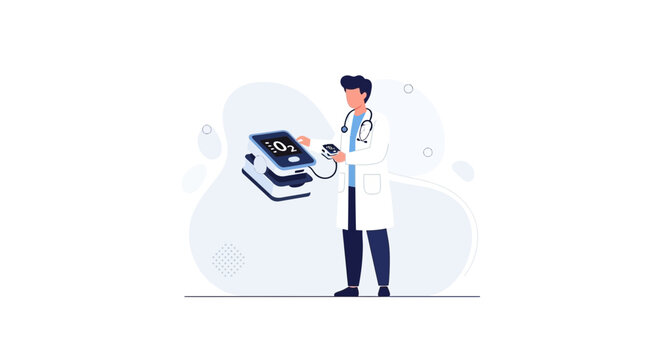 Doctor with pulse oximeter and vital signs monitor, medical checkup illustration