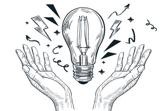 Hands holding light bulb. Successful idea, inspiration and business startup concept. Vector sketch illustrationHands holding light bulb. Successful idea, inspiration and business startup concept. Vect