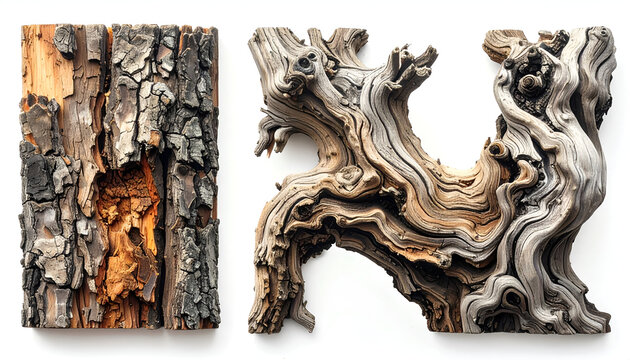 Two sculpted pieces of weathered wood showcase the beauty of natural textures and forms.