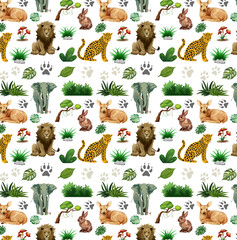 Obraz premium seamless pattern of animals and plants, lions, leopards, elephants, rabbits, and birds on a white background.