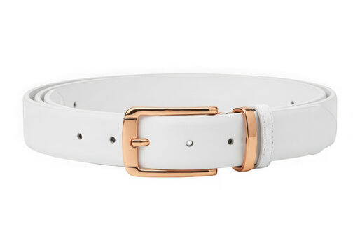 A white leather belt with a gold buckle isolated on transparent background