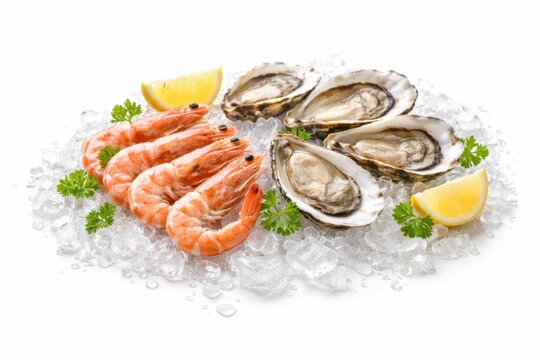 Fresh prawns and oysters with lemon slices and parsley on crushed ice over a white background.