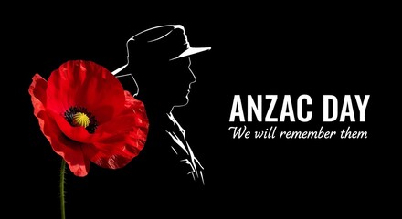 Anzac Day commemorative banner, red poppy flower with soldier silhouette on black background, Lest We Forget remembrance day tribute