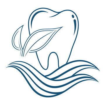 Natural tooth outline with green leaves and blue wave lines for organic dental