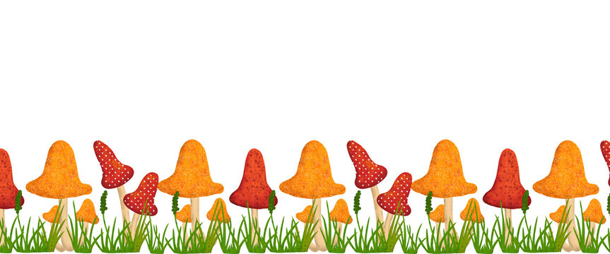 Whimsical Fungi Border: A vibrant border of charming, cartoon-like mushrooms and verdant grass, perfect for adding a touch of enchantment and playfulness to any design.
