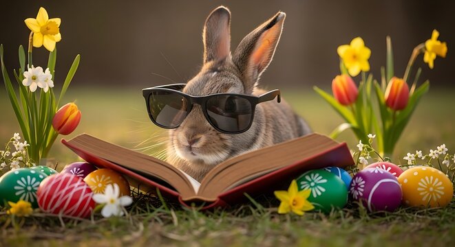 Cute bunny customizing sunglasses with colorful egg paint artistic concept