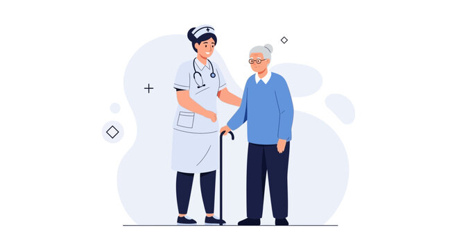 Nurse Helping Elderly Woman Walk with Cane, Healthcare Support