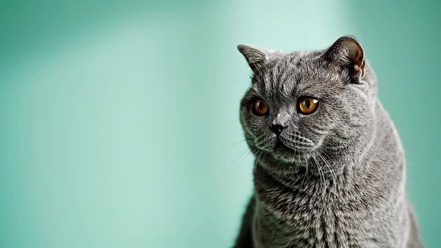 Close-up portrait of a beautiful grey British Shorthair cat with amber eyes against a soft teal background.