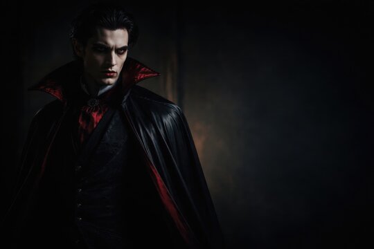 Male vampire in a black cloak with a red collar standing in the shadows.