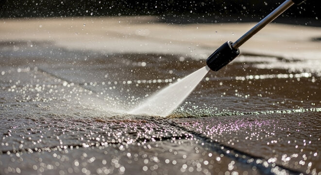 Close up of power washing patio, removing stubborn mud and grime from outdoor tiles. High pressure stream cleans surface efficiently, demonstrating effective power washing patio technique.