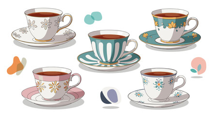 Fototapeta premium Collection of six beautifully decorated vintage teacups and saucers with floral and geometric patterns filled with dark tea.