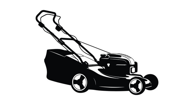 A striking black silhouette of a modern lawnmower sharply defined silhouette