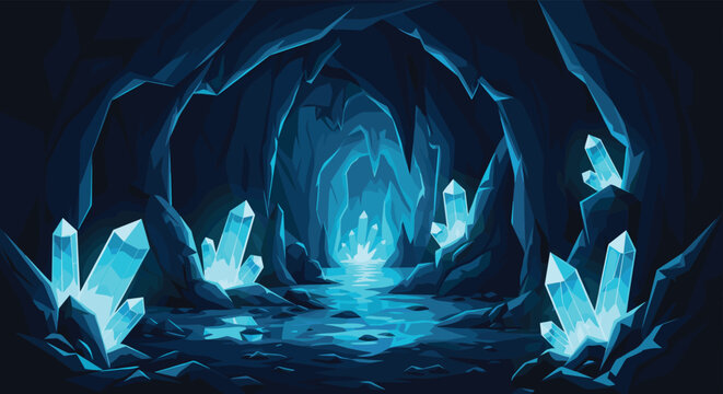 Underground cave is filled with glowing blue crystals that illuminate the dark rocky caverns and water on the cave floor.