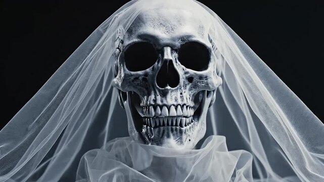 Skull with white veil on black background for commercial backgrounds, digital design, and advertising