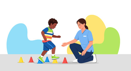 Obraz premium Pediatric Physical Therapy: Child Completing Obstacle Course with Therapist